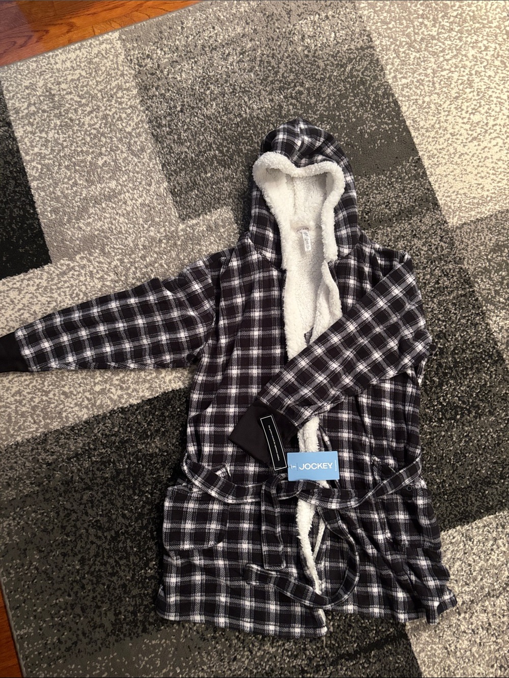 Jockey Black & White Plaid Sherpa Hooded Robe